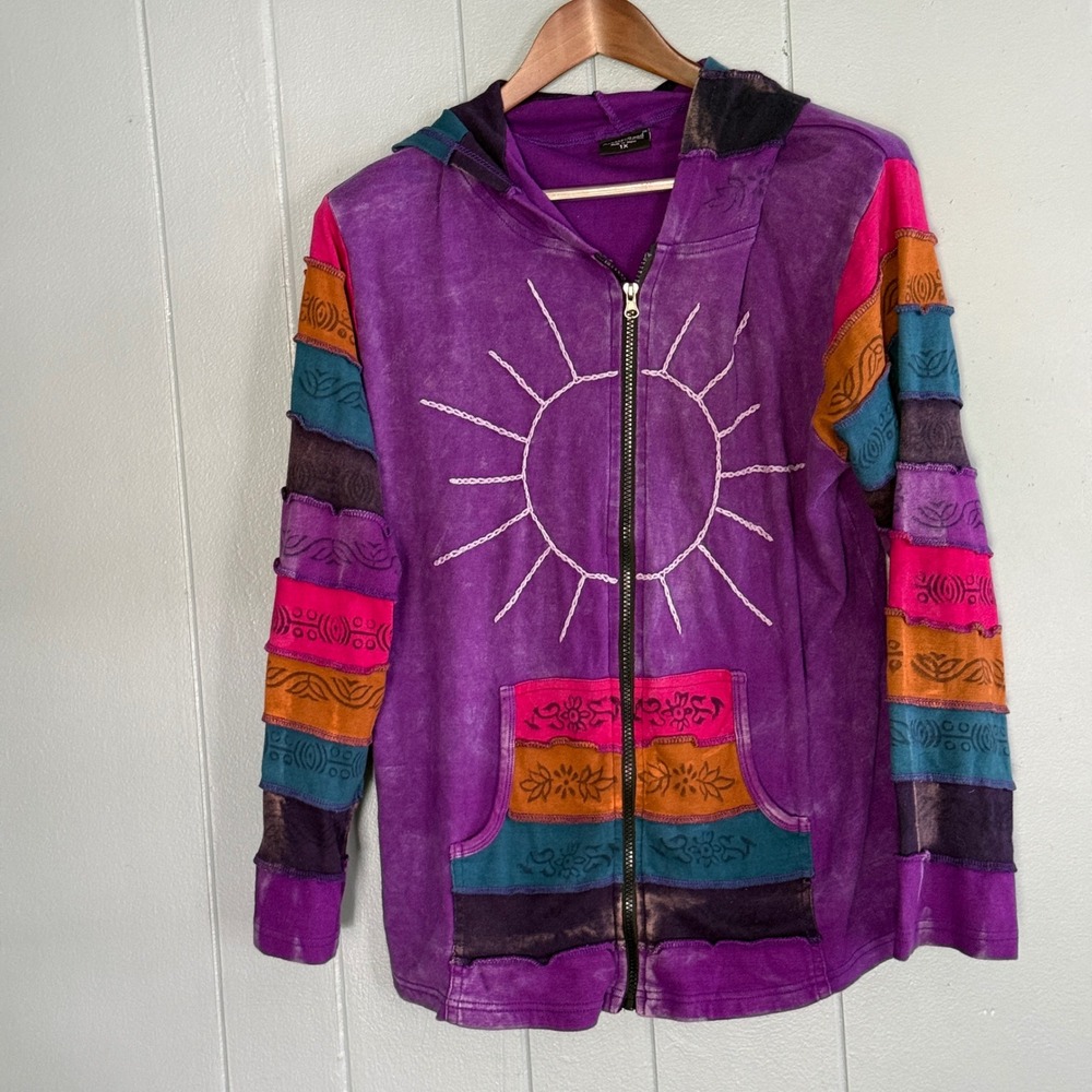 Sun Embroidery Patchwork Zip Hoodie 1X Purple Acid Wash Hi Boho‎ Festivalpie